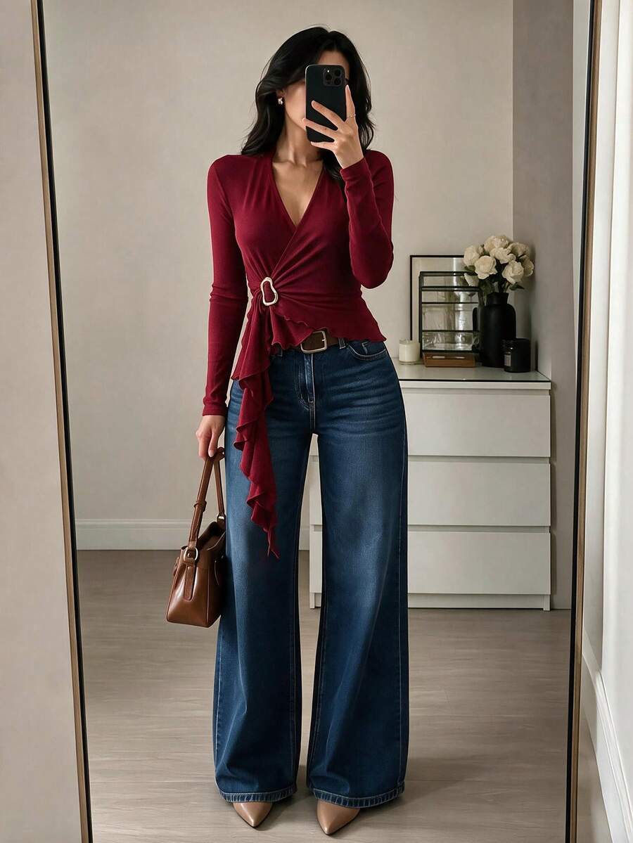 Women Casual Small V Neck Top Side Ruffle Tie For Fall Apparel Daily Commuting Going Out Dating - Burgundy - View 1
