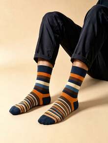 Men's Grey Patchwork Argyle Ribbed Cuff Cotton Sweat-Absorbent Breathable British Business Style Mid-Calf Socks For Office Commute - Multicolor - View 2