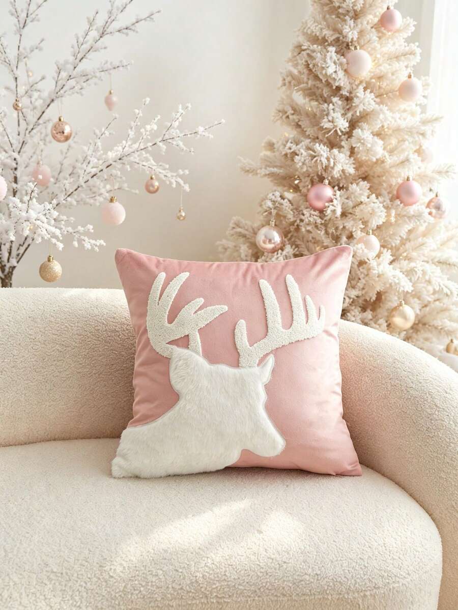 LCUHPCL 聖誕鹿貼花 3D 刺繡枕套 1 件裝，適用於臥室、客廳沙發、日常派對及各種環境