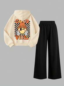 2pcs/Set American Vintage Style Girls' Sportswear Set, Smiling Face Good Vibes Checkerboard Print Hoodie + Wide Leg Pants, Spring/Autumn - Apricot - View 3