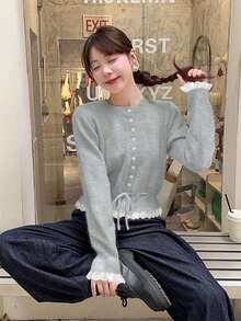 Women's Sweet Lace Trim Patchwork Drawstring Knit Sweater, Round Neck Long Sleeve Cardigan, Autumn/Winter - Gray - View 5
