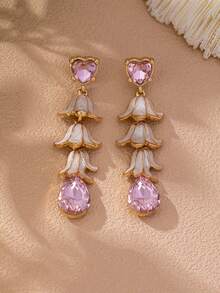 1 Pair Vintage Bell Flower Dangle Earrings, Gold Plated Layered White Enamel With Pink Heart Teardrop Rhinestone Drop Earrings For Women - Multicolor - View 3