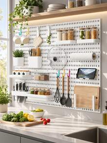 Estantería de almacenamiento de pared con tablero perforado sin taladro, organizador de almacenamiento de pared, estantería de almacenamiento multifuncional con tablero perforado, estantería de almacenamiento con ganchos montada en la pared, estantería de almacenamiento de cocina, estantería de almacenamiento de baño, organizador de pared de dormitorio, tablero de almacenamiento de escritorio, estantería de almacenamiento de herramientas, estantería de almacenamiento de cosméticos, estantería de almacenamiento de especias, organizador de suministros de oficina, estantería de llaves de entrada, estantería de exhibición combinable DIY, tablero de almacenamiento de pared multiusos, adecuado para cocina, baño - Multicolor - Ver 2