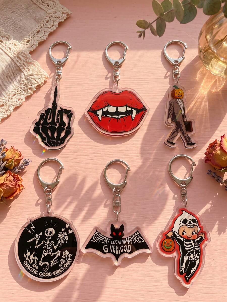 6Pcs Halloween Gothic & Vampire Theme Acrylic Keychains, Including Skull Gesture, Vampire Red Lips, Suit Pumpkin Head Man, Chaotic Good Dancing Skeleton, Support Local Vampires Slogan Bat & Vintage Baby Skull Design, Fashionable Bag Charm, Suitable For Halloween Gifts, Spooky Season, Exquisite Collection, All Seasons Use - Multicolor - View 1