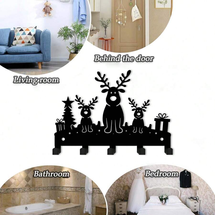 1pc Christmas Reindeer Key Hook Iron Silhouette Wall Hanging Holiday Decor Small Pendant Entryway Key Storage Rack Rustic Farmhouse Cute Vintage Nordic Winter Festive Decorative Hallway Mudroom Organizer Gift Antler Sturdy Functional - Black - View 1
