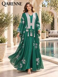 Silver Floral Embroidered 2‑Piece Kaftan Set, Batwing Sleeve Tassel DecorOpen Robe With Belt & Inner Dress,Loose Floor‑Length Formal Evening Maxi Gown - Green - View 9