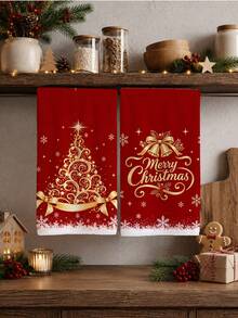 2pcs Christmas Minimalist Red & Gold Christmas Tree Pattern Kitchen Towels, Soft Polyester Dish Cloths, Suitable For Kitchen Decor, Kitchen Cleaning, Holiday Party Decoration, Kitchen & Bathroom Supplies, Home Essentials, Home Decor, Housewarming Gift - Multicolor - View 2
