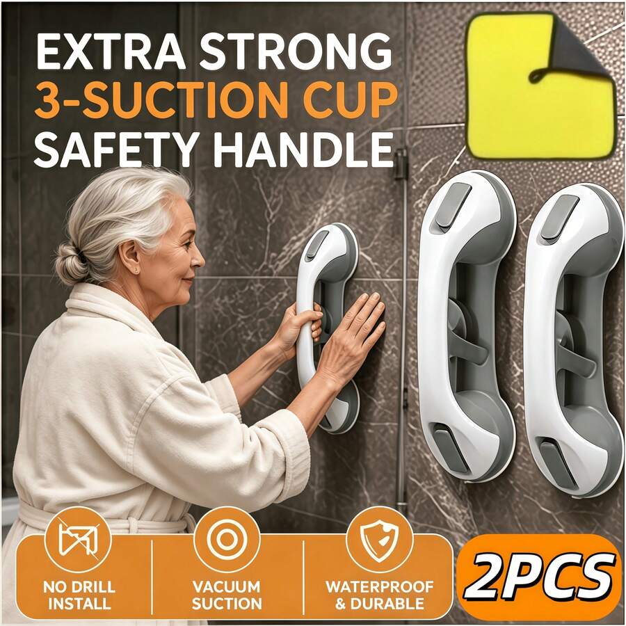 2pcs Set (1 Upgraded 3-Suction Cup Bathroom Grab Bar + 1 Random Color Towel) Drill-Free Bathroom Grab Bar, 3 Thickened Suction Cups, Non-Slip Easy Installation, Vacuum Suction Grab Bar, Waterproof Durable, Suitable For Bathroom And Toilet
