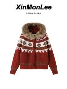 Pretty Red Christmas Fair Isle Contrast Color Hooded Cardigan Button-Up Sweater Jacket For Evening Date, Holiday, Daily Wear, Autumn/Winter - Red - View 1