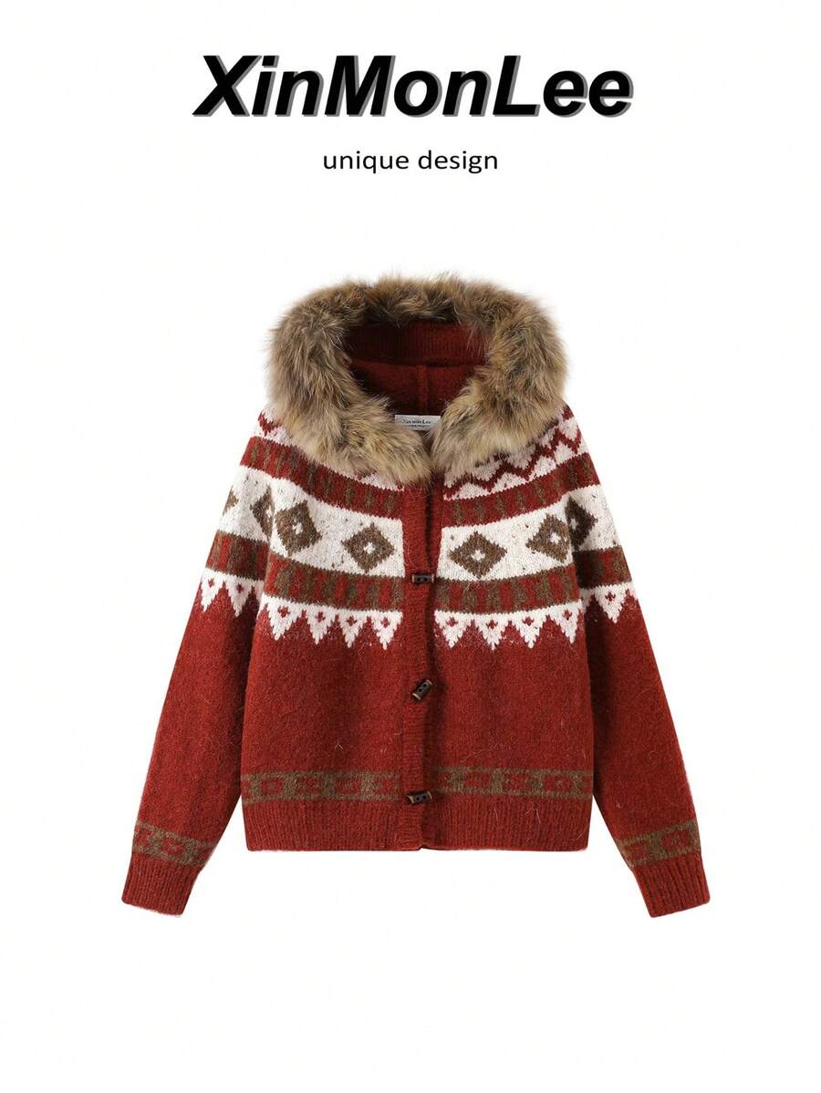 Pretty Red Christmas Fair Isle Contrast Color Hooded Cardigan Button-Up Sweater Jacket For Evening Date, Holiday, Daily Wear, Autumn/Winter - Red - View 1