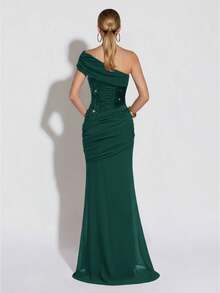 Shiny Patchwork Elegant Pleated Fishtail Hem Dress For Party, Evening Date, Formal Dinner - Dark Green - View 3