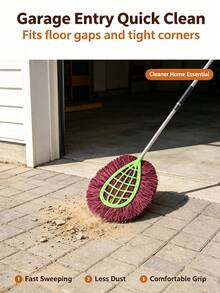 1Pc Practical Outdoor Cleaning Mop, Plastic & Metal & Fiber Material, Casual Practical Style Green‑Burgundy Contrast Teardrop Shape Hollow Grid Frame Detail Wet Dry Dual‑Use Cleaning Mop For Poolside Patio Outdoor Ground Maintenance - Large Broom With Galvanized Iron Handle - View 7