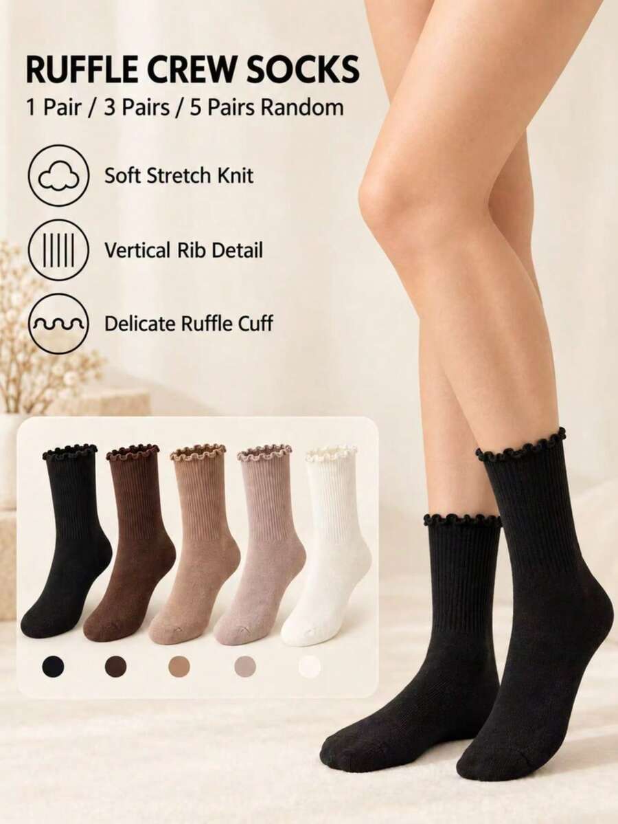 Women's Ruffle Crew Socks, Solid Color Ribbed Knit Socks With Lettuce Trim For Loafers & Mary Jane Shoes, 1/3/5 Pairs, Random Colors - Multicolor - View 1