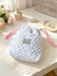 1pc Cute Polka Dot Storage Basket Quilted Drawstring Makeup Bag Lace Decor Cosmetic Organizer Bucket Desktop Items Storage Bag Folding Small Basket - Multicolor - View 9