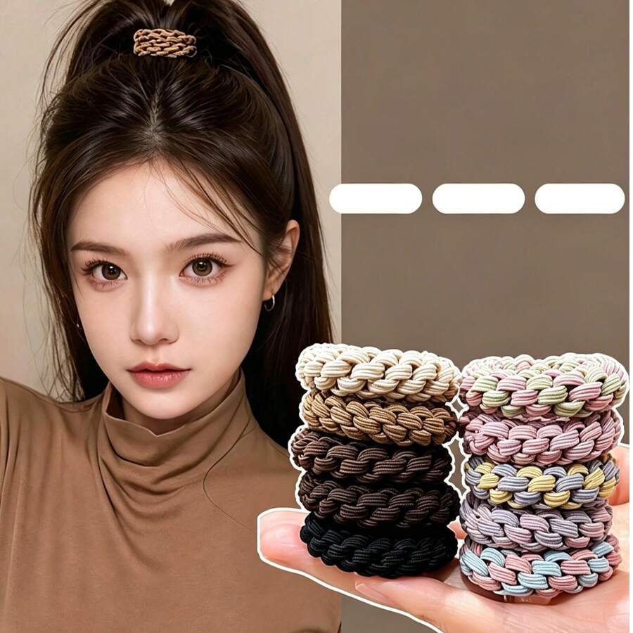 5pcs Solid Color Woven Hair Ties, Women's Thick High Elasticity Non-Damaging Hair Bands, Simple Versatile Hair Accessories - Multicolor - View 1