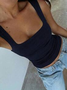 Vaiaye Women's Solid Color Square Neck Fitted Casual Camisole, Minimalist Retro Solid Color Vest, Summer Fashion Backless Knit Camisole, Casual Versatile, Suitable For Commuting - Navy - View 3