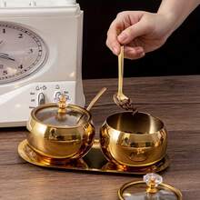 1 Set 2/3 Stainless Steel Seasoning Canister Set, Spice Container With Lid And Spoon, Gold Tone Condiment Bottle With Serving Tray, Suitable For Pepper, Salt, Spices, Candy, Coffee Beans Kitchen Jar Combination - Multicolor - View 8
