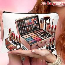 A Standalone Makeup Bag With Flat 2D Design, White Base And Exquisite Pattern Including Images Of Makeup Brushes, Lipstick And Eyeshadow Palette. Equipped With Zipper Closure, Ideal For Travel Cosmetic Storage, Excellent - Multicolor - View 4