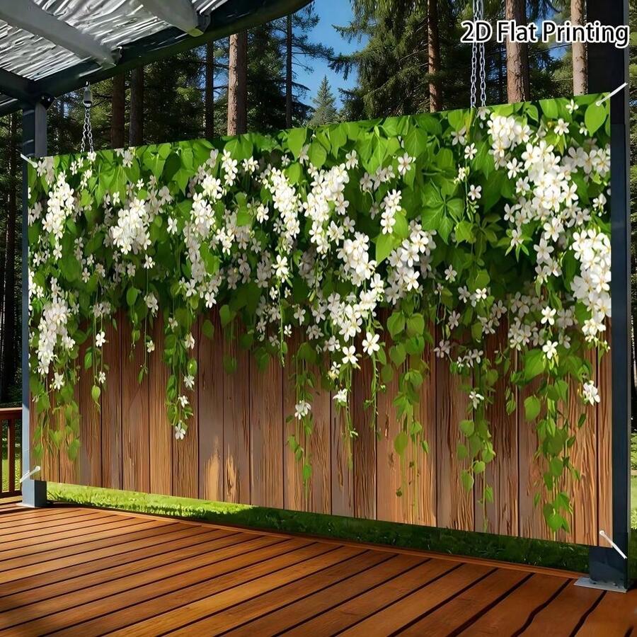 1pc White Flower Fence Banner With Fixing Rope, Easy Installation, Suitable For Balcony, Driveway, Garage Door And Event Backdrop Decoration, Polyester Fabric, Indoor_Outdoor Decoration - 13 - View 1