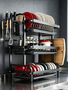 1pc Large 3-Tier Kitchen Storage Rack With Quick Drainage, Knife & Fork Holder, Cutting Board Rack, Multi-Functional Countertop Dish Organizer, Can Hold Bowls & Plates, Dish Rack | Stylish Metal Rack | Durable Kitchen Supplies, Kitchen Storage & Organization Rack - Multicolor - View 1