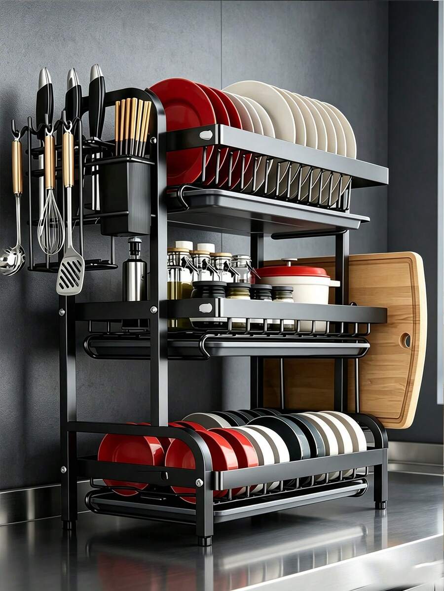 1pc Large 3-Tier Kitchen Storage Rack With Quick Drainage, Knife & Fork Holder, Cutting Board Rack, Multi-Functional Countertop Dish Organizer, Can Hold Bowls & Plates, Dish Rack | Stylish Metal Rack | Durable Kitchen Supplies, Kitchen Storage & Organization Rack - Multicolor - View 1