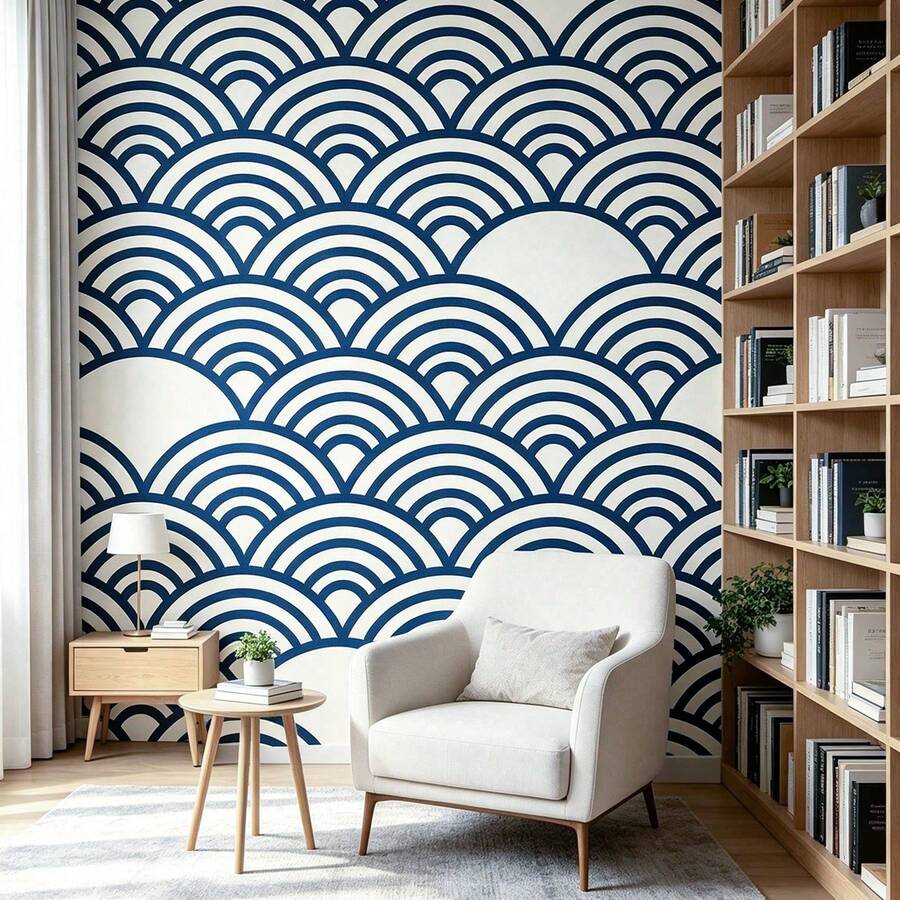 1 Roll Self‑Adhesive Blue Fan‑Shaped Wallpaper, 17.7 Inches * 39.3/118.1/196.8/393 Inches, PVC, Easy‑To‑Clean, Removable, Decor For Kitchens, Workrooms, Desks, Lockers And Furniture Film