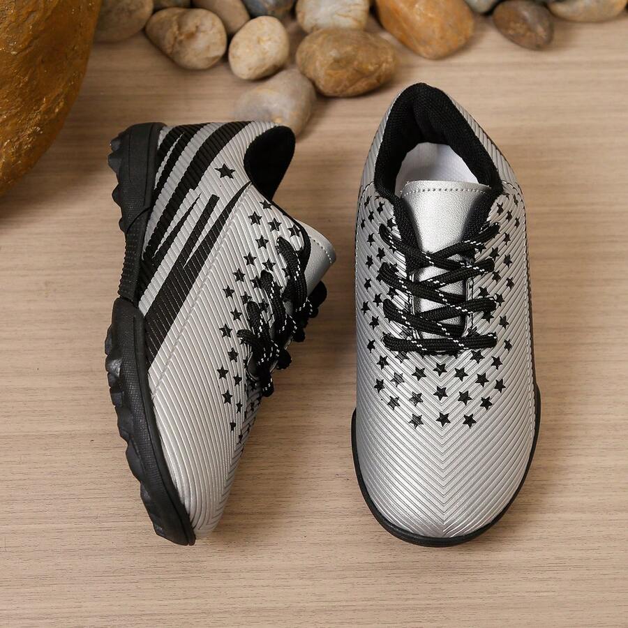 Glossy Metallic Silver Children's Soccer Shoes With Star Print, Sturdy Laces, Non-Slip Studded Sole, Breathable Lining, Suitable For Soccer Training And Actual Matches. - Silver - View 1