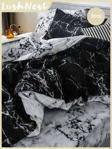Marble Pattern Duvet Cover Set, Farmhouse Style Bedding 3 Pieces Set, Soft Double-Sided Black & White Duvet Cover, Abstract Marble Texture, Comforter Not Included - Multicolor - View 2