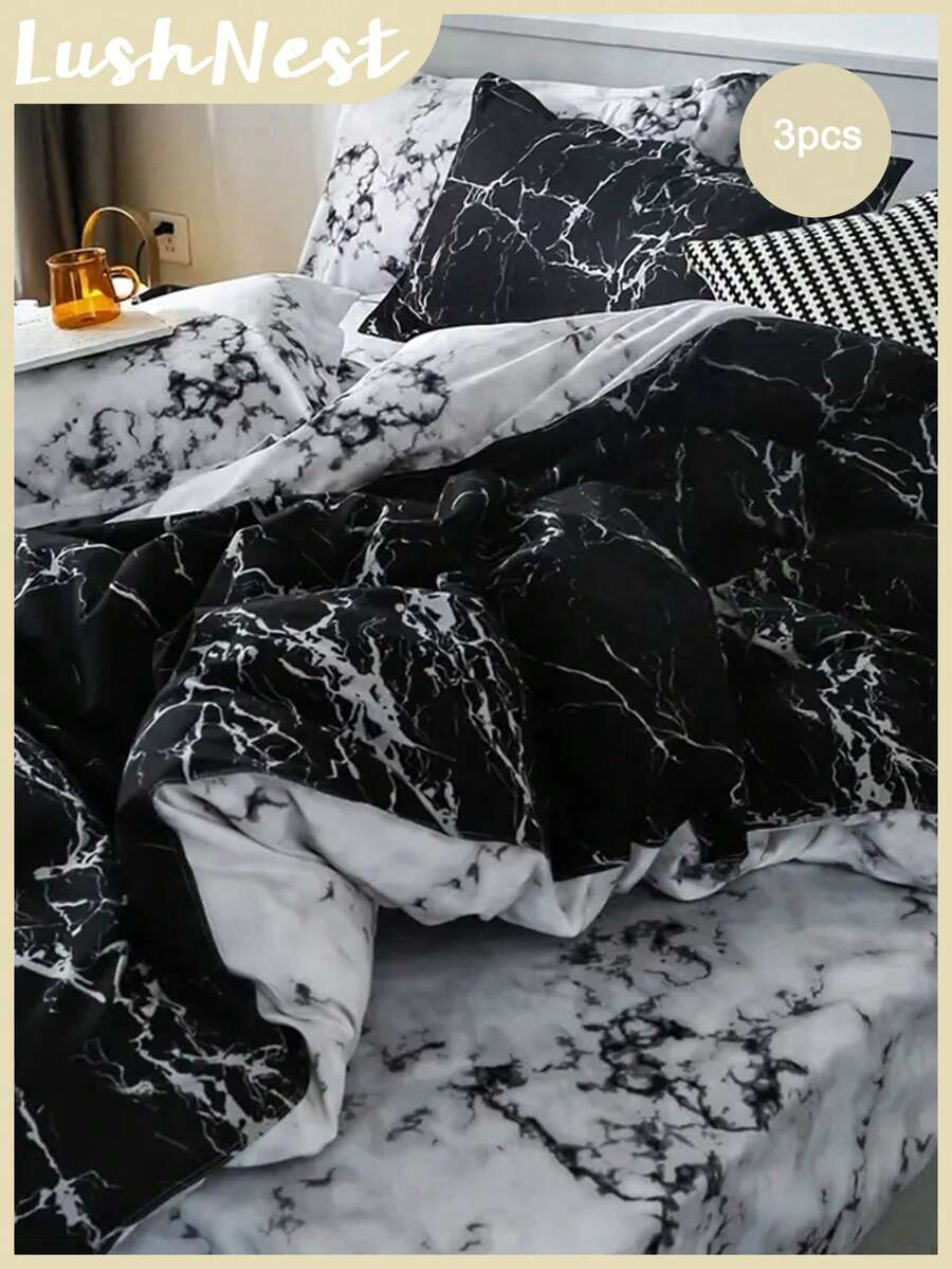 Marble Pattern Duvet Cover Set, Farmhouse Style Bedding 3 Pieces Set, Soft Double-Sided Black & White Duvet Cover, Abstract Marble Texture, Comforter Not Included