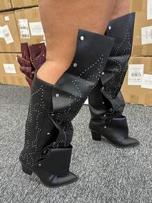 GOGD Sepatu Bot Setinggi Lutut Wanita dengan Bordir, Hak Tebal, Ujung Lancip, Bagian Depan yang Dapat Dilepas, Betis Lebar, Model Longgar - Hitam - View 8