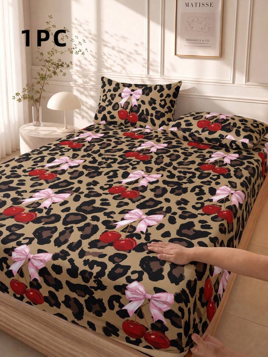 1pc Brown Leopard Print Cherry Bow Pattern Fitted Sheet, Branch Pattern Mattress Protector, Fitted Sheet, Soft & Breathable, -Twin, Full, Queen, King, Deep Pocket Design Up To 11.8 Inches, Machine Washable. Back To School Dorm Essential - Multicolor - View 1
