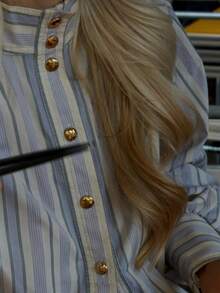 Solstice Apparel Women's Striped Stand Collar Shirt, Gold Button Lantern Puff Sleeve Loose Top - Mauve Purple - View 5