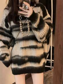 Suéter de punto para mujer de otoño e invierno, suave y cómodo, textura de lana, cálido y resistente al viento, suelto, estilo de moda coreana, suéter suelto y versátil. - Gris negro - Ver 6