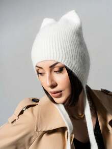 1pc Women's Autumn/Winter Solid Color Fluffy Atmosphere Ear-Protective Warm Cat Ear Beanie Hat, Sweet Rabbit Fur Cute Knitted Hat - A - View 1