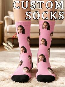 Custom Romantic Love Wedding Crew Socks, Heart Frame,Mr And Mrs,Couple Stick‑Figure Print Pink Mid‑Calf Socks,Gift Socks For Women - Pink - View 9