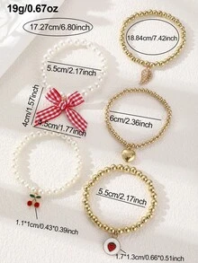 NAIZHU 5pcs Children's Sweet Bow Beaded Elastic Bracelet Set, Suitable For Daily Wear, Party, Gift - Red - View 5