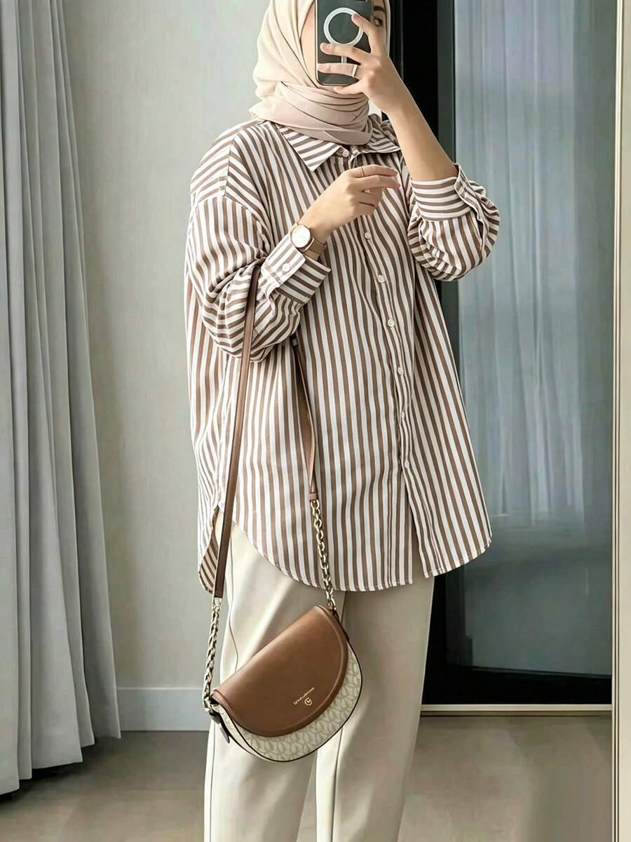 Chic Women's Brown And White Striped Modest Blouse, Long Sleeve Button-Up Shirt Collar Top, Perfect For Spring And Fall Casual Looks - Rust Brown - View 1
