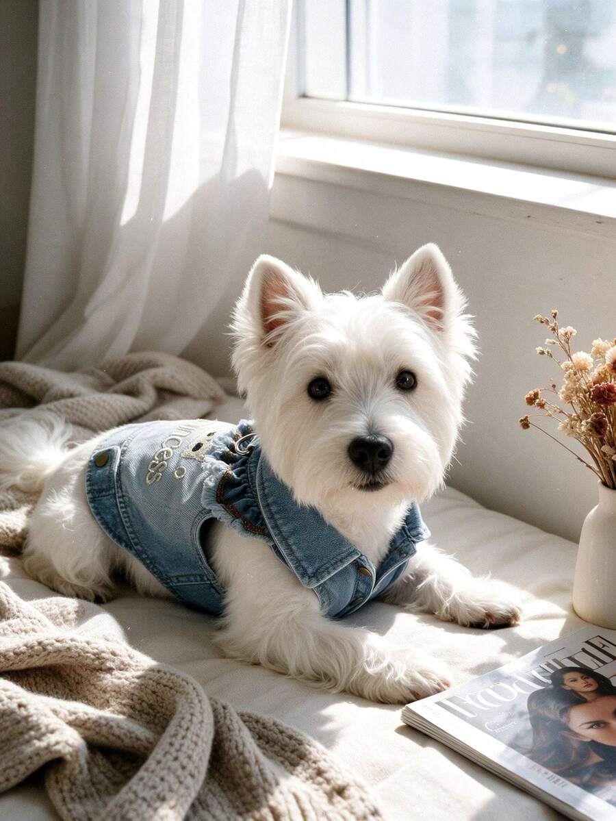 1pc M Size Dog Cat Denim Harness Light Blue Princess Crown Embroidery, Ruffle Frayed Edge D Ring Leash Bronze Button, Cute Fashion For Spring Summer Party Daily Photo Shoot, Suitable For 3-4kg - Multicolor - View 1