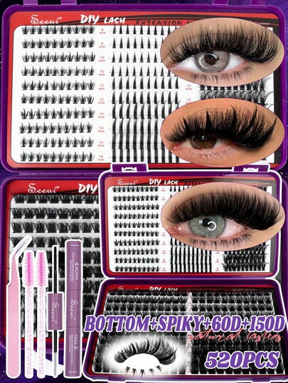 520pcs Wispy&Dense&Long-Lasting DIY Eyelash Extension Kit, Mix Individual Lashes Kit With Lash Bond And Seal, Lash Tweezers, Brush, Fit Different Eye Shapes, Lashes With Spikes And Bottoms, Lashes, Eyelashes, Lashes Clusters Kit