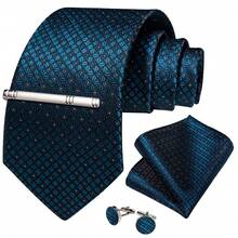 Set Dasi Pria 4 Buah Motif Berlian Biru Tua, Sapu Tangan Saku, Manset, dan Klip Dasi Perak, Cocok untuk Pernikahan, Bisnis, dan Pesta. - Biru - View 2