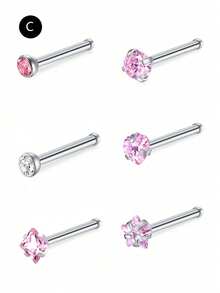 CIZME 6pcs Pink Nose Studs And Nose Rings, Women's 20G L-Shaped Spiral Nose Rings, Stainless Steel Nose Studs, Stainless Steel Nose Piercing Jewelry - Pink-a - View 13