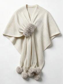 SEREN Women's New Elegant Versatile Shawl, Pom Pom Design Knit Top, Suitable For Daily Wear And Gatherings - Beige - View 7