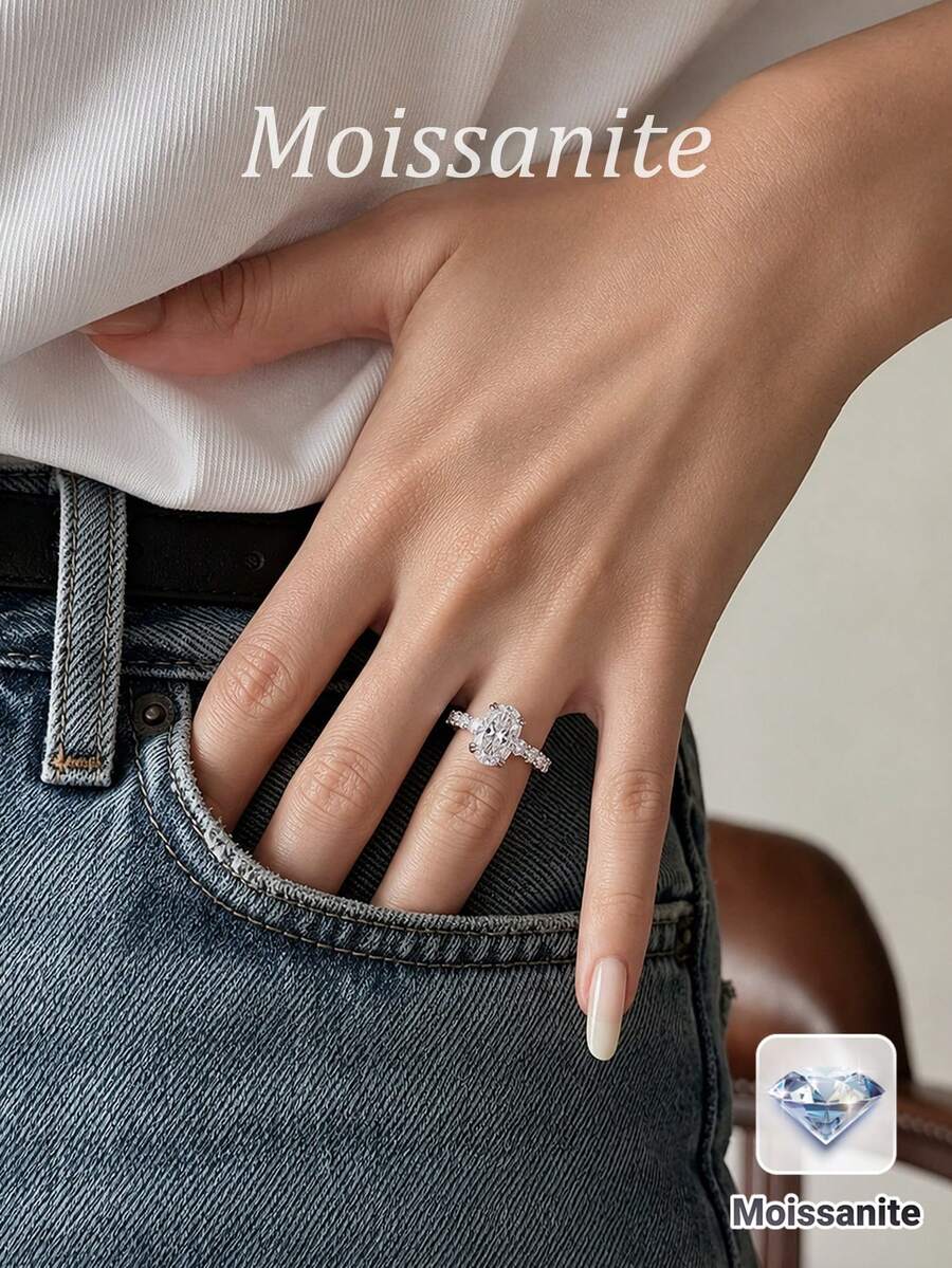 1pc Elegant 4-Prong 4ct Moissanite Lucky Ring, 925 Sterling Silver, Proposal & Anniversary Gift, Bridal Jewelry For Wife And Girlfriend