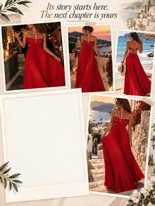 Women's Red Backless Dress, Flowy Hemline, Pleated Dress With Ruched Bust Design, Wedding Party Dress, Suitable For Vacation, Party, Evening Wear - Red - View 5