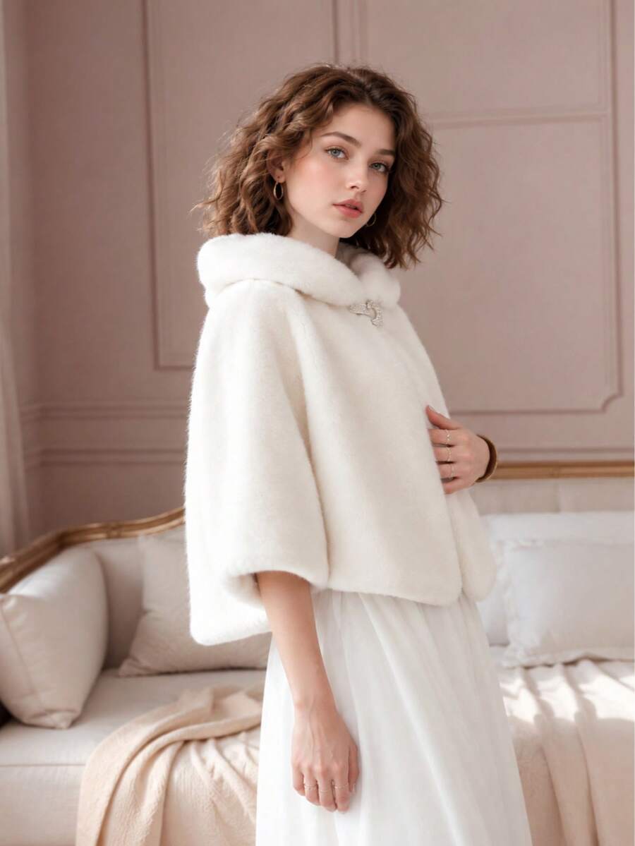 1pc Fashionable & Versatile Faux Mink Fur Bridal Shawl, Women's Simple New Design Bridal Wedding Shawl Jacket, Thick & Warm Shawl Wrap - A - View 1