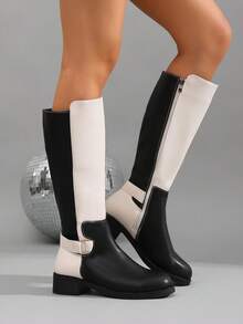 Black & White Colorblock PU Round Toe Low Chunky Heel High Shaft Riding Boots, Metal Square Buckle Strap Decor, Matte PU Leather, Black & White Contrast Patchwork, Rounded Toe, Low Square Chunky Heel, Straight High Shaft, Colorblock Shaft Design, Metal Square Buckle Strap Detail At Ankle, Rear Zipper Closure - Black and White - View 5