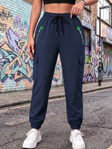 Women's Spring/Autumn Solid Color Multi-Pocket Cargo Pants, Tapered Leg Zipper Outdoor Sports Long Pants - Navy Blue - View 3