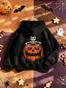 Boys' Halloween Skeleton & Pumpkin Pattern Sweatshirt, Autumn/Winter Kids Long Sleeve Casual Hooded Sweatshirt - Black - View 8
