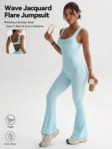 Women's Sleeveless Flare Leg Jumpsuit, Low Back Design, Elastic Zebra Print Long Leg Bodycon Jumpsuit, Slim Fit Casual One-Piece Set - Blue - View 7