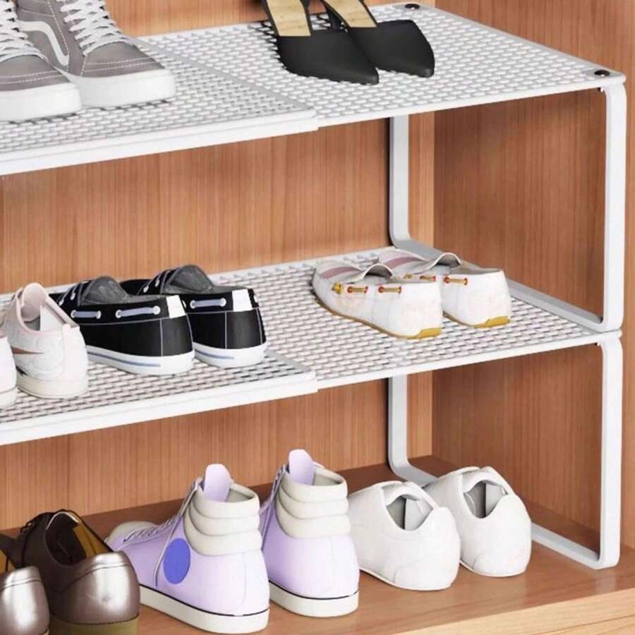 Expandable Metal Cabinet Shelf Organiser, Adjustable Stackable Storage Rack, Heavy Duty Mesh Countertop Shelf For Kitchen, Wardrobe, Cupboard, Pantry & Bathroom Storage